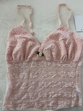 Pink Lace Floral Camisole with Rose Accent